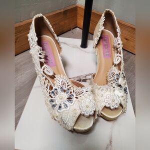 Lace Peep-Toe Heels with Floral Design